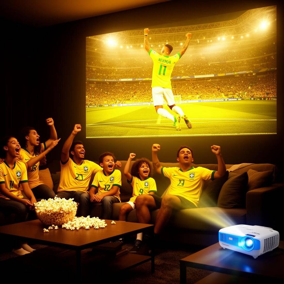 Família brasileira assistindo a Copa em casa com projeção em telão